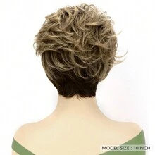 Pixie Cut 短波浪捲曲棕色合成假髮帶瀏海蓬鬆天然女式耐熱假髮適合日常派對 - 棕色 - 查看 5