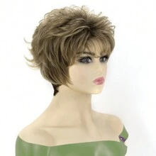 Pixie Cut 短波浪捲曲棕色合成假髮帶瀏海蓬鬆天然女式耐熱假髮適合日常派對 - 棕色 - 查看 3