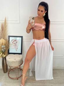 Saida de Praia saia longa com botão e fenda - Branco - Visão 2