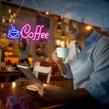1 pieza de señal de neón de café, señal de café alimentada por USB con gancho para colgar, letreros de neón LED de café para decoración de pared, cafetería, restaurante, bares de café - Multicolor - Ver 6