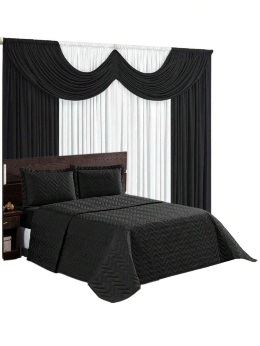 Kit Cortina 2 metros + Cobre leito Casal Padrão 03 peças - Preto - Visão 1