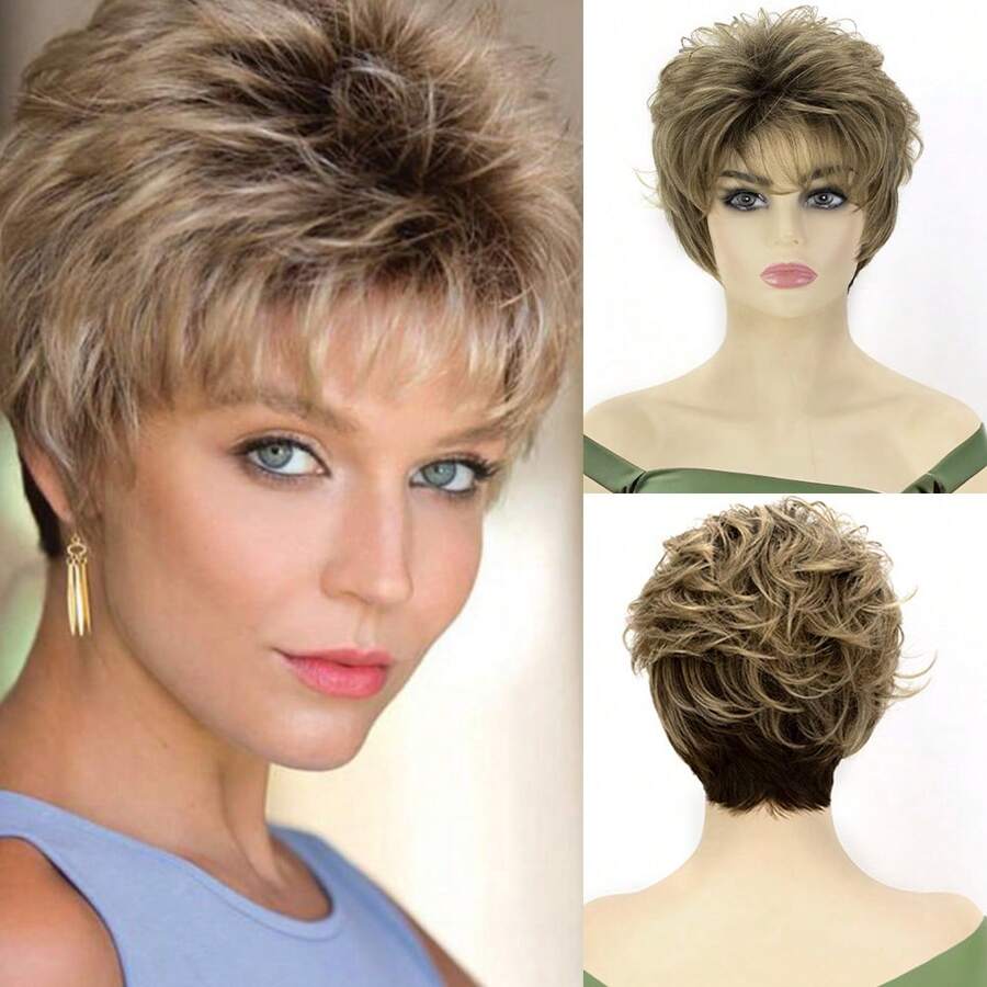 Pixie Cut 短波浪捲曲棕色合成假髮帶瀏海蓬鬆天然女式耐熱假髮適合日常派對 - 棕色 - 查看 1