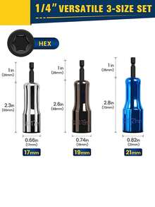 1 Set 3 Pieces 1/4 Inch Rv Nut Driver Set, Quick Release Hex Shank 17mm 19mm 21mm Nut Driver Set, Cr-v Steel, Electroplating Process Socket Tool Set - Black - View 4
