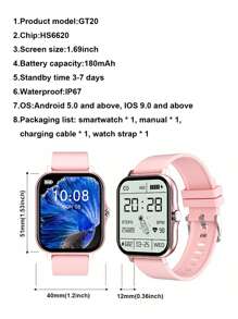 Gt20 Smart Watch With Full Screen Touch, Call Function, Step & Heart Rate & Blood Pressure Monitoring For Sports - Pink - View 11