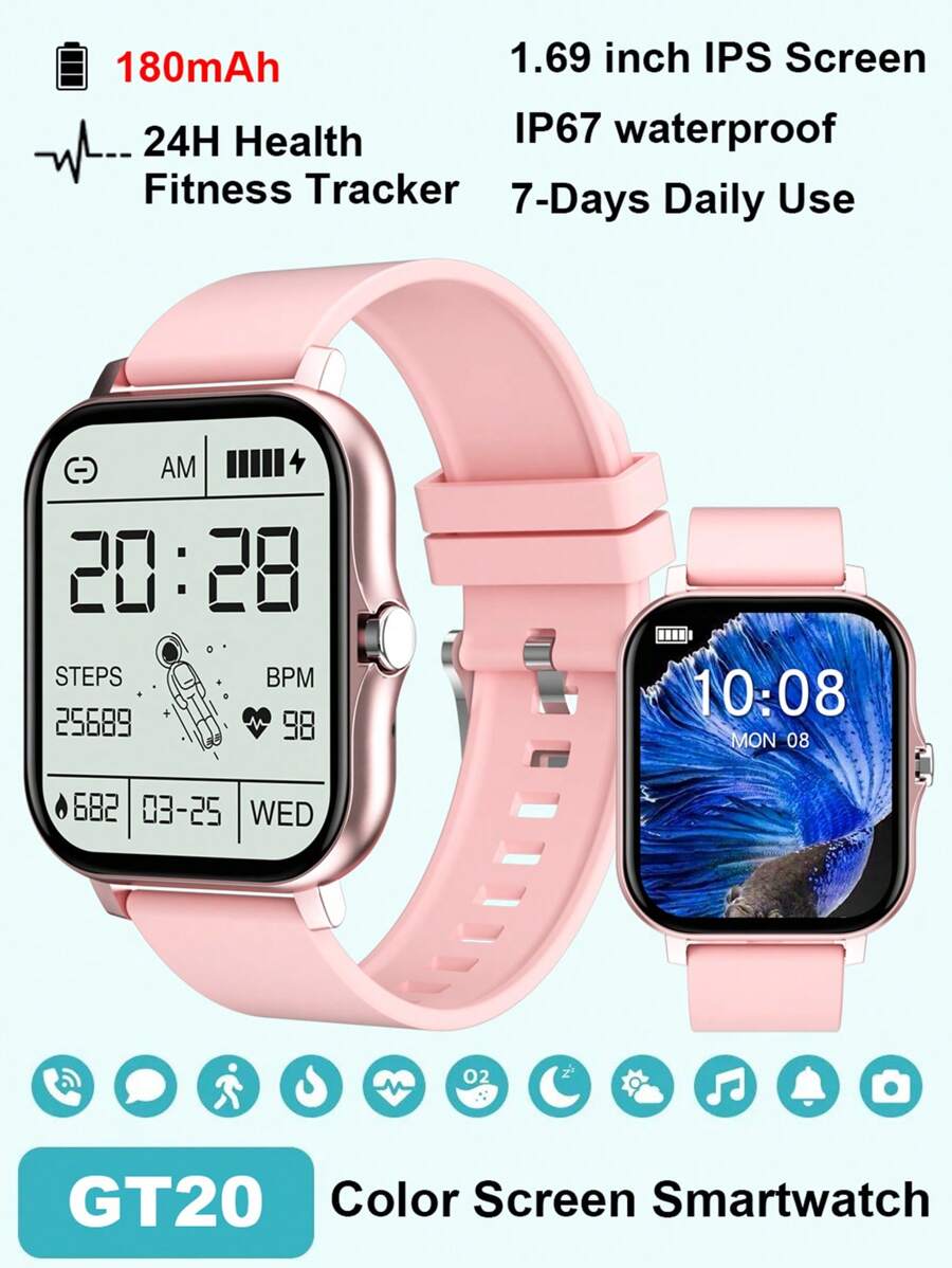 Gt20 Smart Watch With Full Screen Touch, Call Function, Step & Heart Rate & Blood Pressure Monitoring For Sports - Pink - View 1