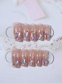 24入組長棺材形狀閃爍及3D鑽石設計的假指甲套裝，附1入組果凍膠及1入組指甲文件，貼片指甲美容工具 - 紫色 - 查看 2