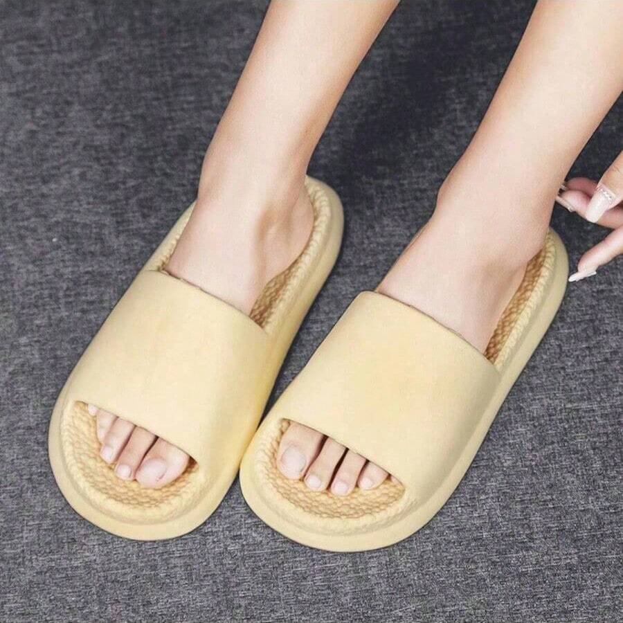 1 Par Chinelas De Baño Antideslizantes Para Mujer, Suela De Palomitas De Maíz Suave, Sandalias Abiertas Para Interiores - Beis - Ver 1