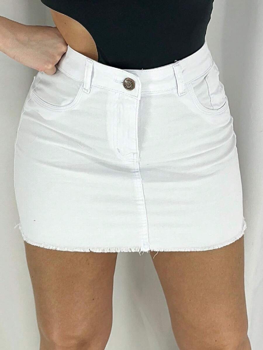Mini Saia Branca Básica Lisa Cintura Alta Com Elastano - Branco - Visão 1