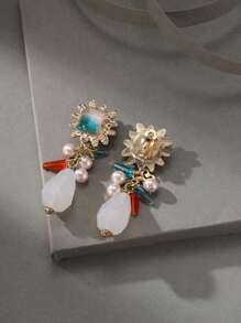 1對波西米亞風格白色向日葵設計耳夾、耳環、掛耳 - 白色 - 查看 4