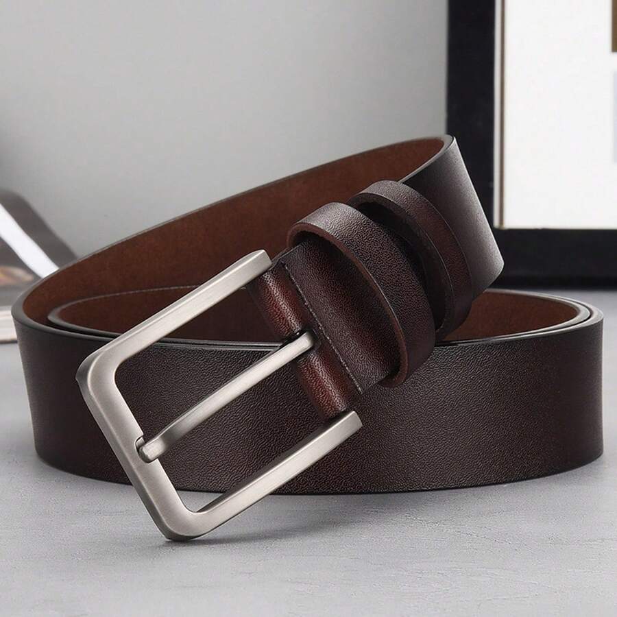 Men's Genuine Cowhide Leather Belt With Pin Buckle And Holes For Pants - Coffee Brown - View 1