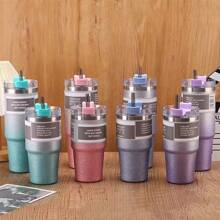 High-Grade Stainless Steel Car Cup With Rhinestone Coating, Insulated Straw Cup Large Capacity Coffee/Iced Beverage Cup, High Aesthetics And Large Capacity (Capacity Difference Is Approximately 20ml, Actual Product Received Shall Prevail) Water Bottle - Purple - View 3