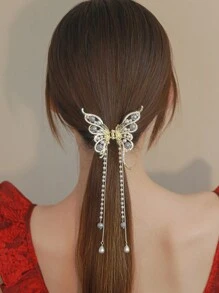 Elegant 1pc Beaded Butterfly & Tassel Design Hair Clamp - Gold - View 2