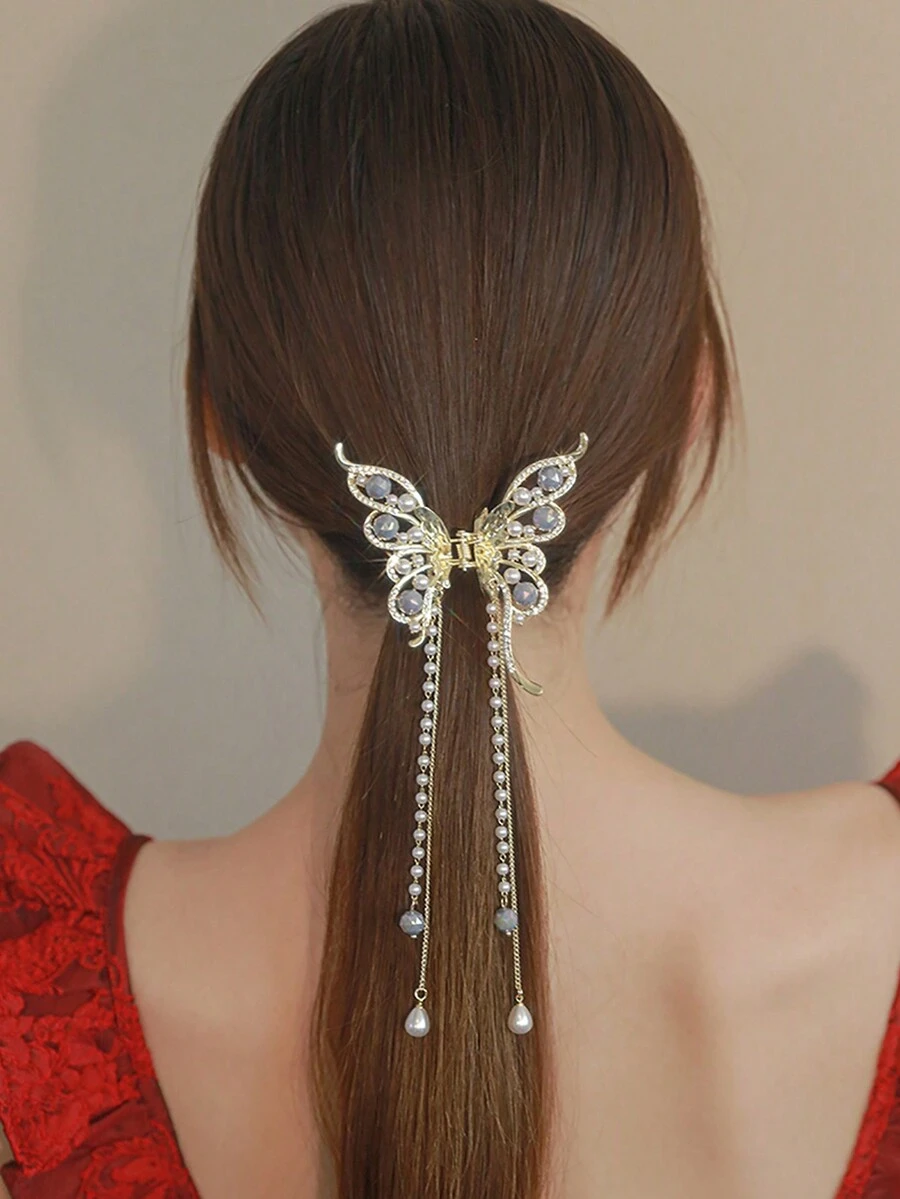 Elegant 1pc Beaded Butterfly & Tassel Design Hair Clamp