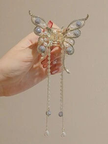Elegant 1pc Beaded Butterfly & Tassel Design Hair Clamp - Gold - View 3