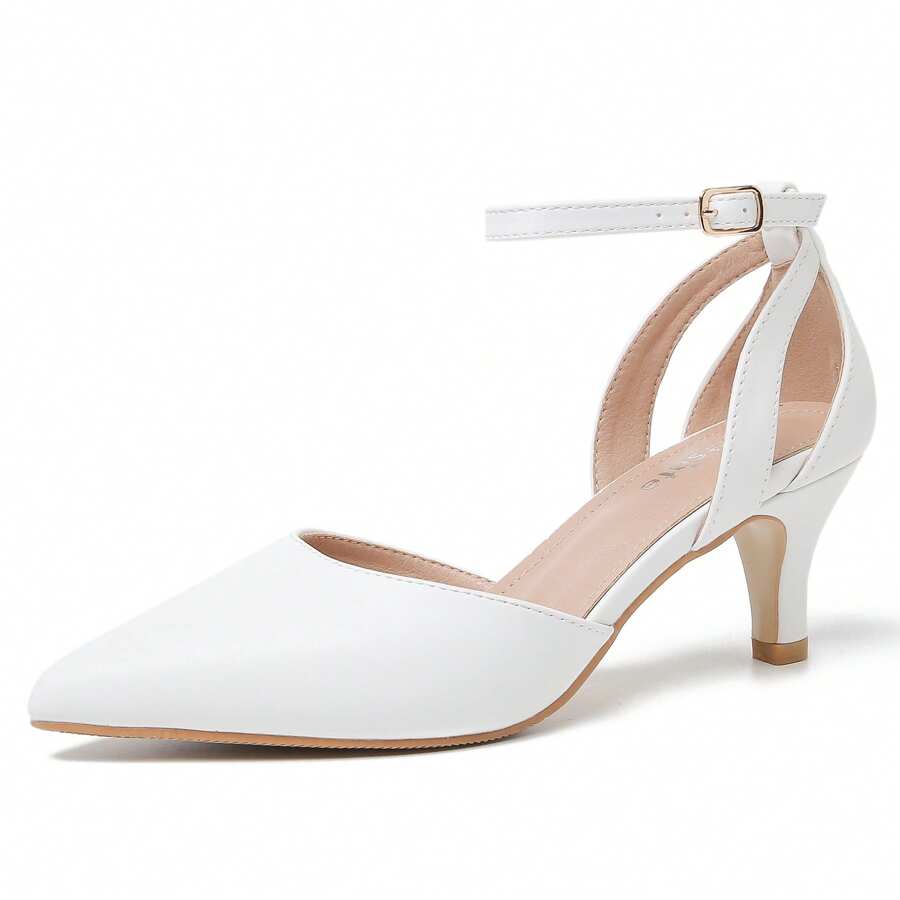 Women's Closed Pointed Toe Heels Ankle Strap Hollow Out D'Orsay Kitten Heel Dressy Pumps - 白色哑光 - View 1
