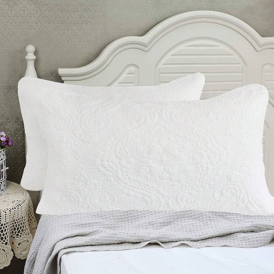 Brandream White Beige Gray Damask Quilted Pillow Shams Cotton Standard Size Pillow Cases Set of 2 Soft Matelasse Decorative Pillow Covers - White - View 1