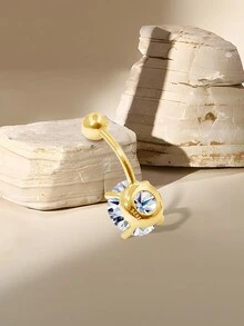 1入組簡約風格925 銀鍍帶18K金鑲嵌圓形肚臍圓環適合女士,禮品 - 金黃色 - 查看 5