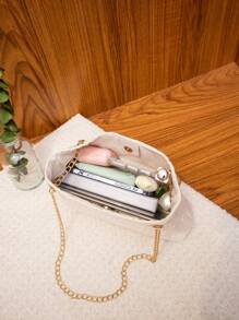 時尚壓花手提包,簡約風鏈條肩帶斜挎包適合女士 - 白色 - 查看 6
