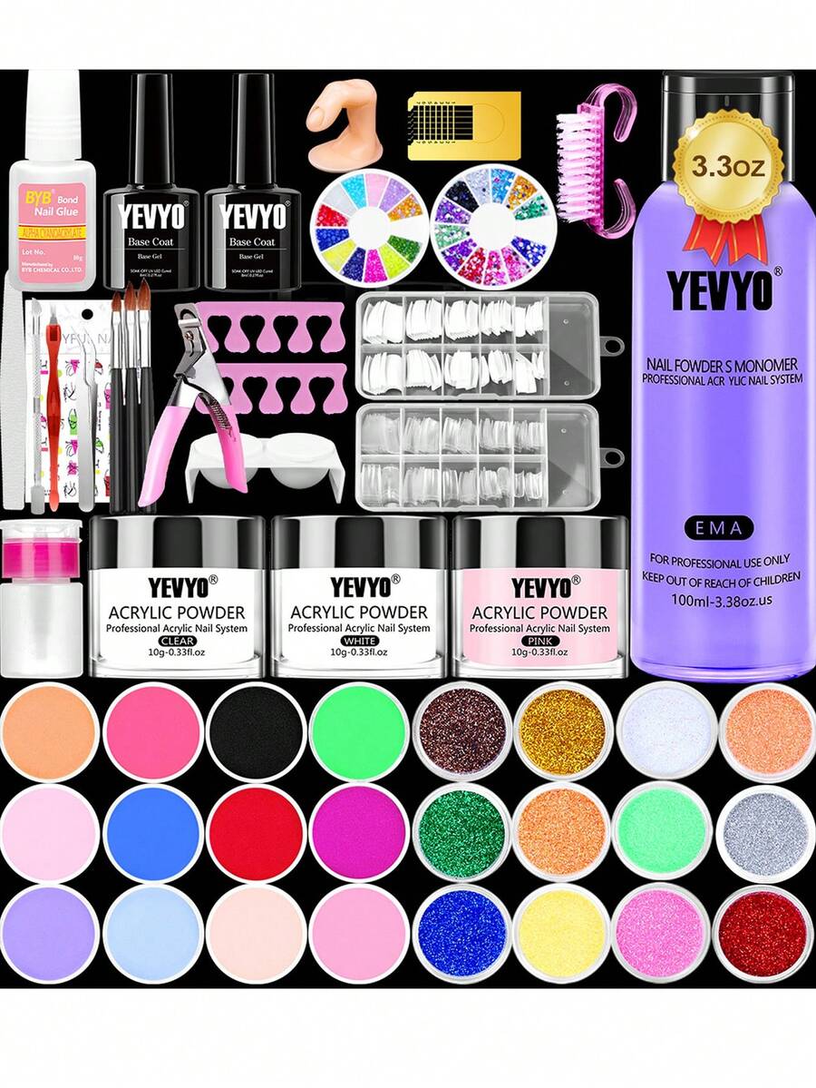 YEVYO Acrylic Nail Kit Powder and Liquid Nail Kit with 24 Glitter Nails