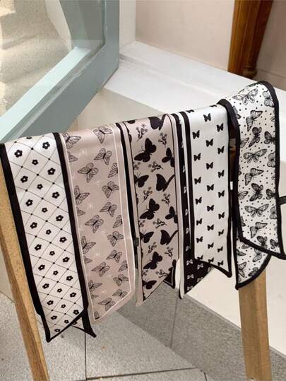 5入組女士多色蝴蝶印花圍巾，多功能方形頸巾，也可當作口罩、頭巾、髮箍，理想的裝扮搭配選擇