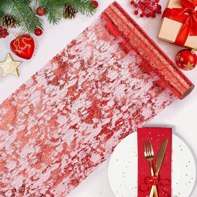 1pc Red Table Runner+Gold Metallic Foil Sequins Sheer Mesh Table Skirt, Shiny Decorative Table Cloth For Birthday, Christmas, Halloween, Wedding Parties
