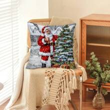 1 件柔軟桃皮靠墊套,適合家庭/辦公室裝飾,帶有聖誕聖誕老人拿著禮物印花(不含枕墊) - 軍綠色 - 查看 6