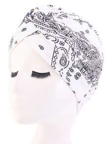 1pc Ladies' Floral Printed Country Style Pleated Turban Cap, Perfect For Everyday Use - White - View 1