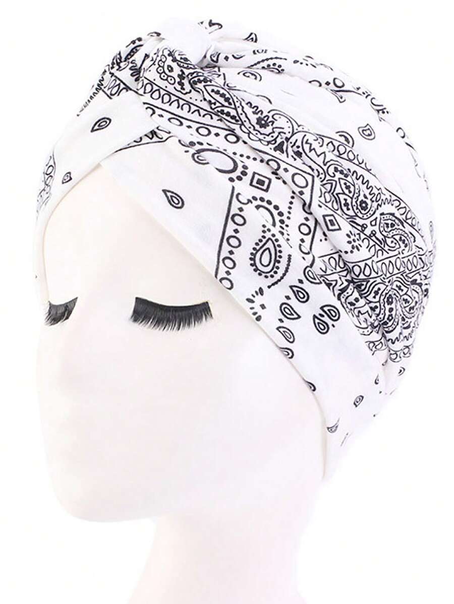 1pc Ladies' Floral Printed Country Style Pleated Turban Cap, Perfect For Everyday Use - White - View 1