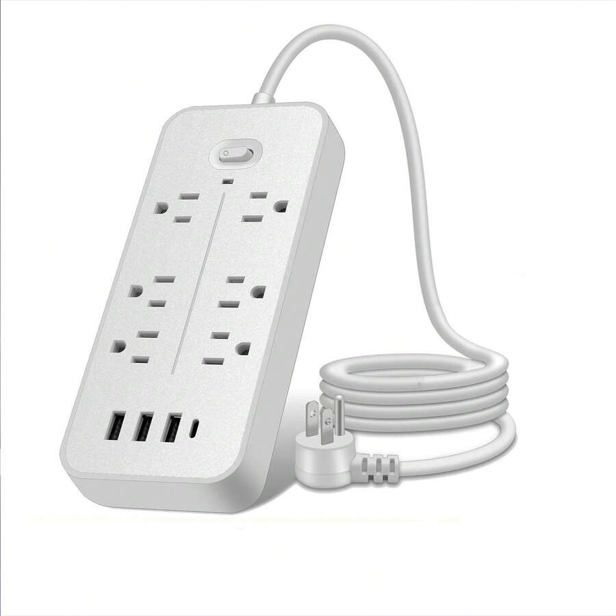 防浪涌電源拖板,壁掛式平頭插座延長線,共6個插座4個usb埠(1個usb C),適用於家庭、辦公室、宿舍等場合 - 白色 - 查看 1