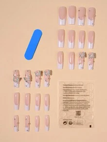 運用以下產品提升您的時尚風格,24入長方形法式白色&3d蝴蝶設計假指甲套裝,包含1支果凍膠和1把指甲文件 - 彩色 - 查看 2