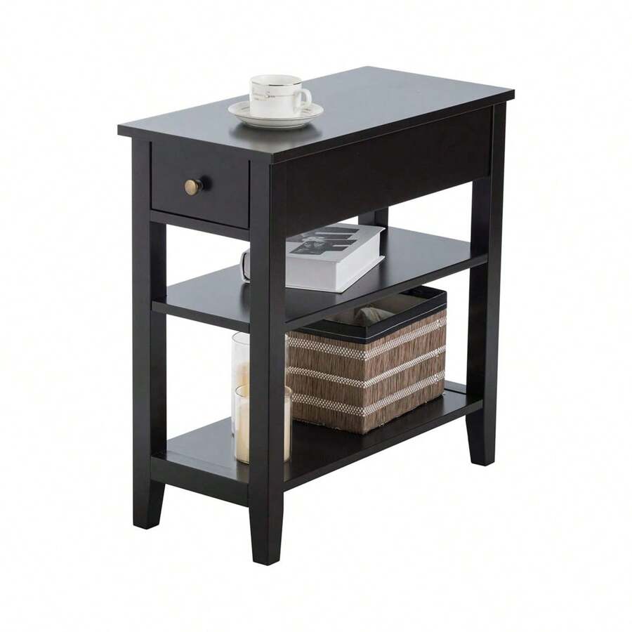 Bedside Table With 3 Levels, Side Table With Drawer & 2 Open Shelves, Modern Bedside Table For Bedroom, Living Room, Narrow And Space-Saving, Choice Of Colors - 黑色 - 查看 1