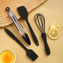 4pcs Mini Silicone Baking Tools Set, Including Whisk, Spatula And Feeding Spoon - Black - View 1