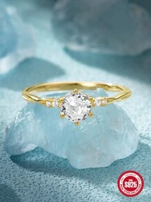 1入組經典六爪爪鑲立方氧化鋯圓環適合女士,S925純銀,理想適用於訂婚和婚禮