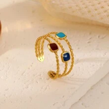 Dellgoo 1pc Cute & Sweet Stainless Steel Openwork Line Detail Square Oil Drop Ring - Multicolor - View 1