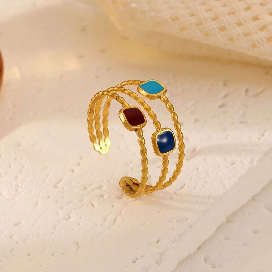 Dellgoo 1pc Cute & Sweet Stainless Steel Openwork Line Detail Square Oil Drop Ring - Multicolor - View 1