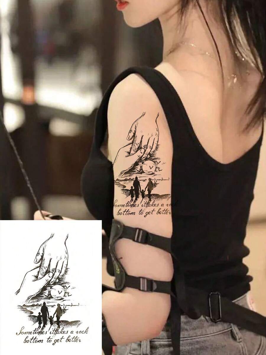 1 pieza Pegatina tatuaje padre con mano en mano inglés con letra - Negro - Ver 1