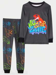 Tween Boy Letter & Dinosaur Print Snug Fit PJ Set - Black - View 1
