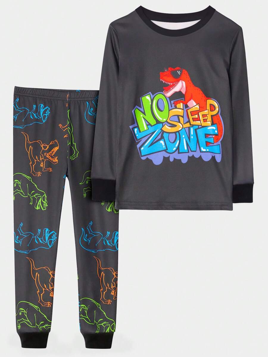 Tween Boy Letter & Dinosaur Print Snug Fit PJ Set - Black - View 1