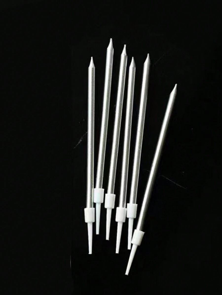 6 cái Màu bạc Thẳng Nến Với Dài Mạ vàng Xử lý Đối với Sinh nhật Đồ trang trí - Bạc - Xem 1