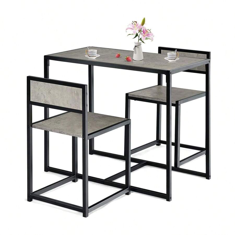 Grupo de asientos de 3 piezas, mesa de bistro con 2 sillas, mesa de bar con 2 taburetes, mesa de bar estrecha, sillas con respaldo, de diseño industrial, para cocina, comedor - Gris - Ver 1