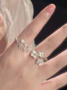 2pcs/set Simple Flower Shaped Open Ring For Women, Jewelry Gift - Silver - View 5
