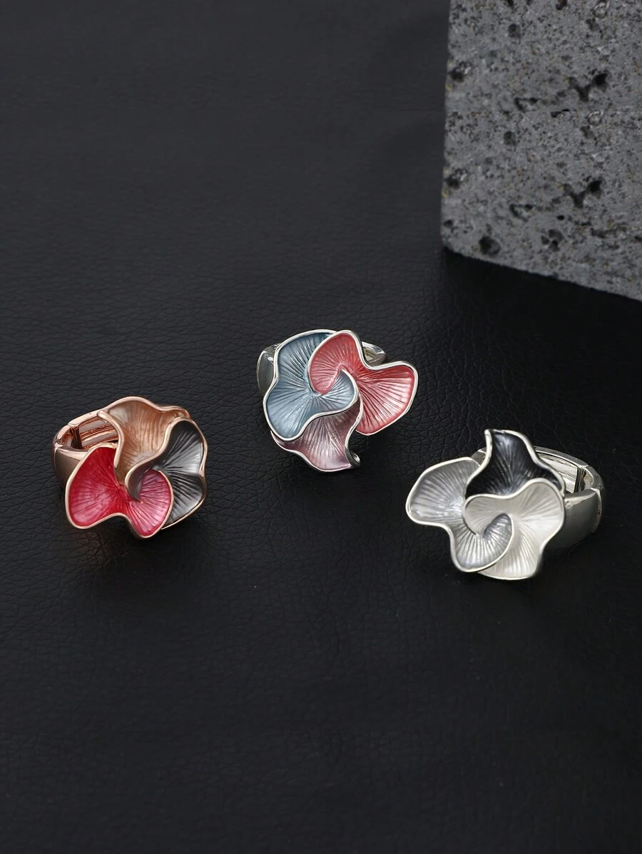 1pc Fashionable Elastic Metal Ring With Open End & Multicolor Flower Design, For Women's Daily Wear - Grey - View 1
