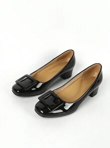 Women Comfortable Chunky Heel Soft Sole Work Shoes With Square Toe And Solid Color High Heels - Black - View 5