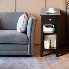 Bedside Table With 3 Levels, Side Table With Drawer & 2 Open Shelves, Modern Bedside Table For Bedroom, Living Room, Narrow And Space-Saving, Choice Of Colors - 咖啡棕 - 查看 2