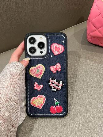 1 件多色新款牛仔手工刺绣彩绘爱心、蝴蝶、樱桃设计防震手机壳，带挂绳，适用于 防水防摔防刮