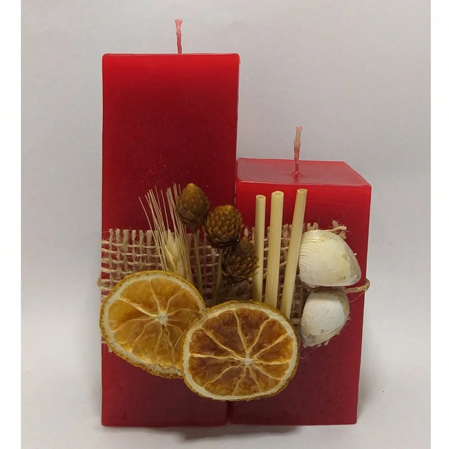Vela Decorativa Conjunto com 2 Velas Quadrada P/M Decorada com Laranja - Vermelho - Visão 1