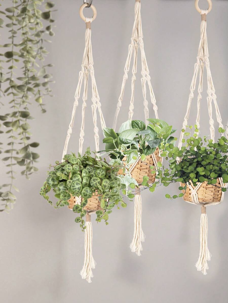 1pc/2pcs Bohemian Handmade Colorful Cotton Rope Woven Hanging Basket, Multipurpose Net Bag (Plant Pot Not Included) - Beige - View 1
