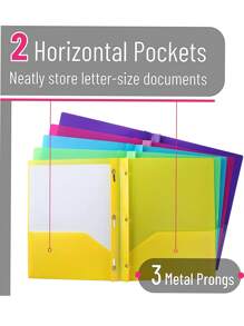 1pc Plastic Folder With 2 Internal Pockets, 1 Card Slot And 3 Prongs For Holding 3-ring Punched Paper. Ideal For Storing School Documents, Forms And Homework Assignments - Yellow - View 3