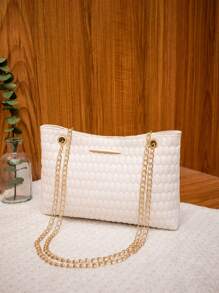 時尚壓花手提包,簡約風鏈條肩帶斜挎包適合女士 - 白色 - 查看 2