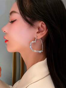 1 對時尚心形水鑽圈形耳環 - 銀色 - 查看 2